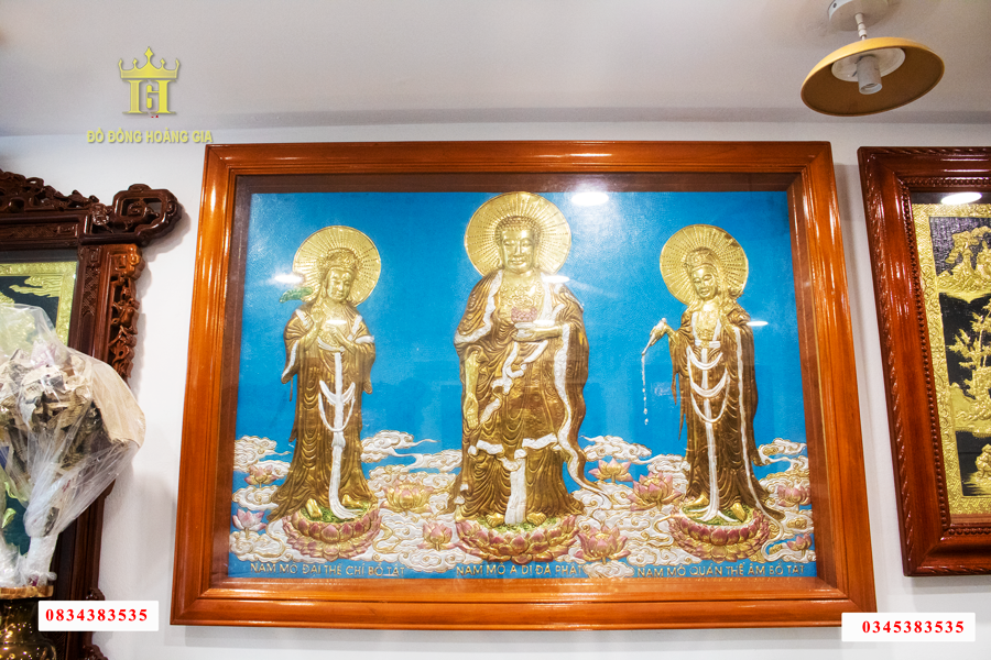Tranh Phật tam thánh tây phương đồng vàng